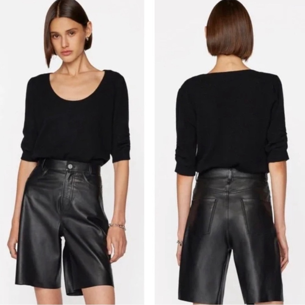 Frame XL Noir Black Ruched Puff Sleeve Cashmere Sweater Scoop Neck New NWT